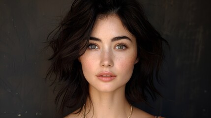 Fototapeta premium Striking portrait of a young woman with dark hair, expressive eyes, and a neutral background showcasing soft lighting and natural beauty