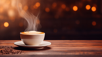 Obraz premium Steaming Cup of Coffee with Bokeh Background