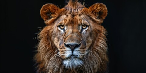 Obraz premium A majestic and powerful lion staring intently into the camera against a black background, emphasizing its regal and commanding presence