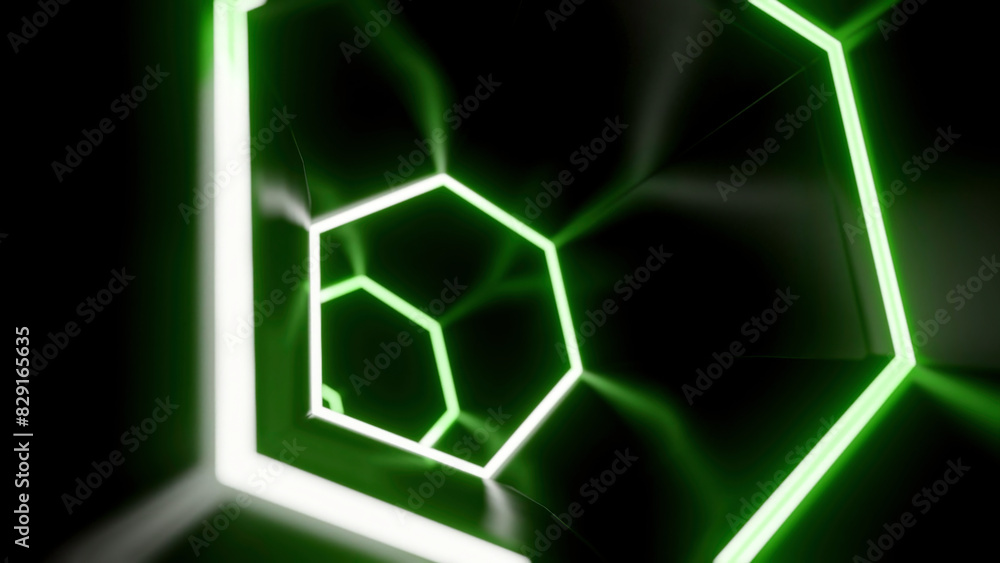 Poster animation in moving tunnel with hexagonal glowing lines. design. movement in rotating cyber tunnel w