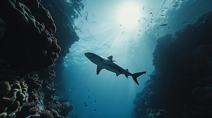 Obraz premium A majestic shark swimming along a coral wall, with its silhouette captured against the bright surface light, creating a sense of awe and wonder. 