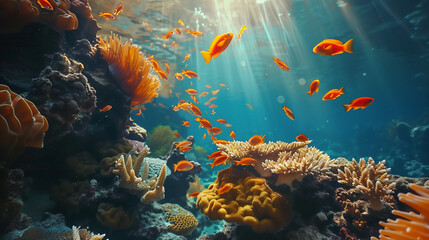 A vibrant coral reef teeming with colorful fish, with sunlight casting beautiful rays through the water as marine life swims around the corals.
