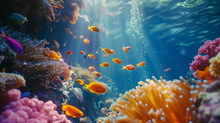 A vibrant coral reef teeming with colorful fish, with sunlight casting beautiful rays through the...