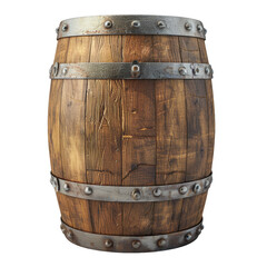 Fototapeta premium A wooden barrel, with metal edges and slats on the bottom, isolated white background, png.