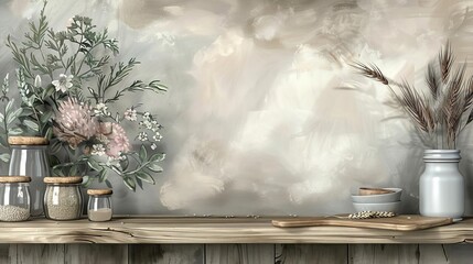 A minimalist kitchen counter with a single jar of grain, positioned to the side, leaving copyspace for a banner