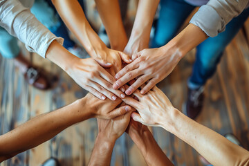 A group of people are holding hands in a circle. The people are of different races and genders. Concept of unity and togetherness