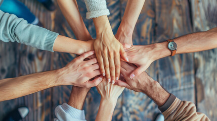 A group of people are holding hands in a circle. The people are of different ages and genders. Concept of unity and togetherness