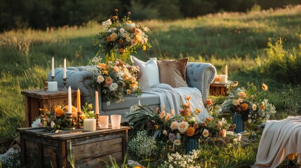 Wedding Decorations Sofa Table Flowers and Candles on a Green Meadow