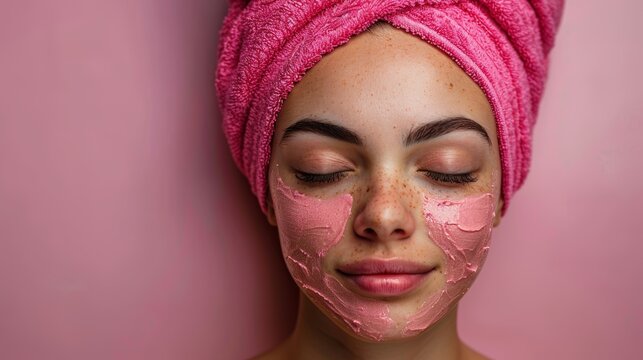 A woman with freckles, closed eyes, and a smile relaxes during a beauty skincare routine with a pink face mask and a matching pink towel on her head