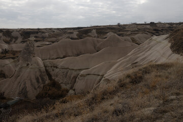 landscape overlooking the rocks of the ancient city Cappadocia in Türkiye.