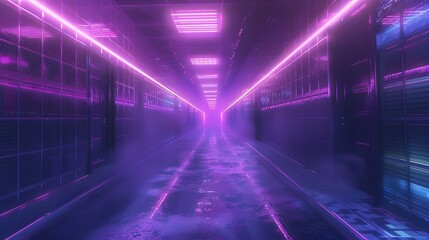 abstract background of futuristic corridor with purple and blue neon lights. 