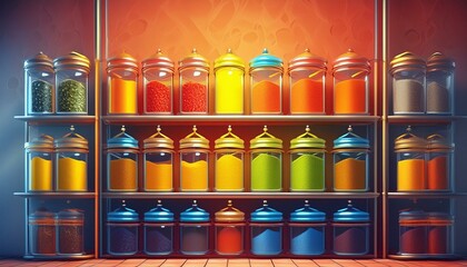 An organized spice rack with jars of vibrant spices like turmeric, paprika, and cumin, 