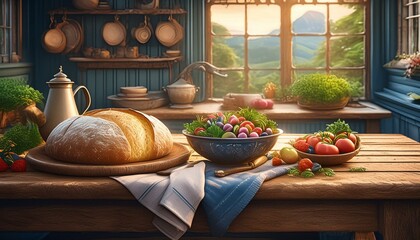  A wooden table set with a bowl of fresh vegetables, vintage utensils, and a loaf of crusty bread