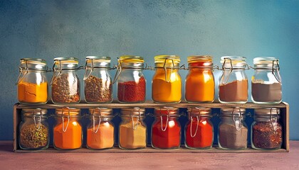 An organized spice rack with jars of vibrant spices like turmeric, paprika, and cumin, 