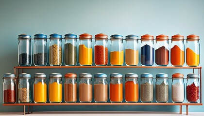An organized spice rack with jars of vibrant spices like turmeric, paprika, and cumin, 