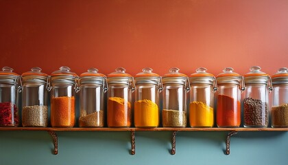 An organized spice rack with jars of vibrant spices like turmeric, paprika, and cumin, 