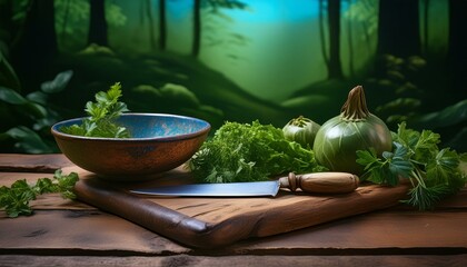 Fresh vegetables and herbs scattered on a wooden chopping board, with a rustic knife 
