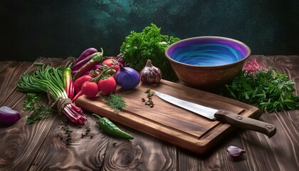 Fresh vegetables and herbs scattered on a wooden chopping board, with a rustic knife 