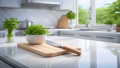 Sleek white countertops with stainless steel appliances, a single potted herb plant, 