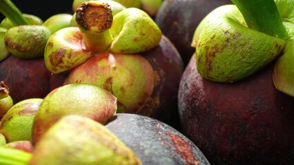 Delve into the mesmerizing world of mangosteen with a macro shot capturing its allure. Vivid hues merge as deep purples meet vibrant greens, unveiling nature's artistry in every intricate detail.
