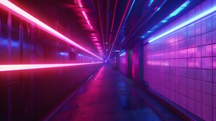 abstract background of futuristic corridor with purple and blue neon lights. 