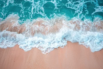 Fotobehang Top view of the beautiful ocean shore with waves and foam on the sand. Seychelles. Texture and background tourism design - generative ai © Nia™