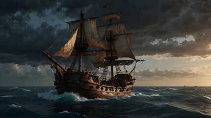 Obraz premium Vintage pirate ship cruising on the sea with stormy clouds above. generative ai
