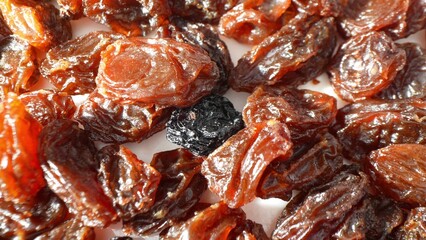 Indulge in the allure of rich, deep brown black raisins, their wrinkled texture invites a tactile experience while their glossy surface hints at their natural sweetness.
