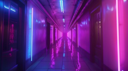 abstract background of futuristic corridor with purple and blue neon lights. 