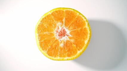 In this close-up, a halved orange shines with vivid color and luminous detail, exposing its juicy...
