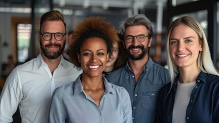Obraz premium Professional white-collar team smiling confidently in a modern office setting, faces sharply in focus under bright lights, HD close-up of their upper bodies