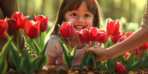 A little girl beams with pride as she helps her mom plant a row of bright red tulips in their garden