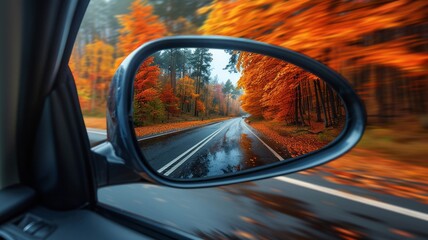 Obraz premium Autumn reflection in a car mirror on a rainy day