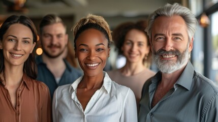 Fototapeta premium Professional white-collar team smiling confidently in a modern office setting, faces sharply in focus under bright lights, HD close-up of their upper bodies