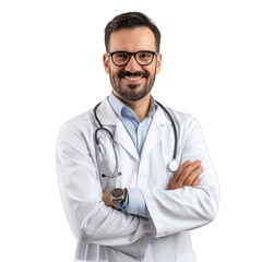 Fototapeta premium a portrait of happy doctor in white coat, transparent background, png.