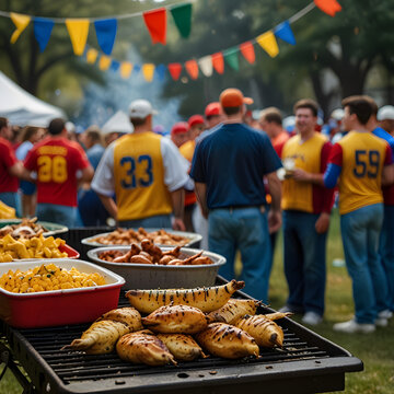 College tailgating fun people standing around a grill, enjoying the company and delicious food.