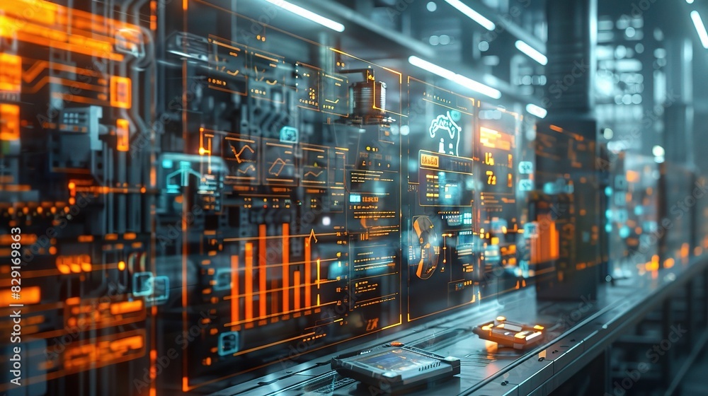 Poster industrial iot devices communicating wirelessly in a factory, with colorful data streams visualized 