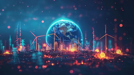 Futuristic city skyline with glowing lights and renewable energy windmills