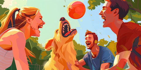 A group of friends share a laugh while playing a game of fetch with their favorite ball at the park