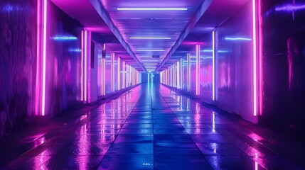 Fototapeta premium abstract background of futuristic corridor with purple and blue neon lights. 