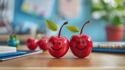 Two couple cherry with smiley faces on a desk. International Friendship Day Concept.