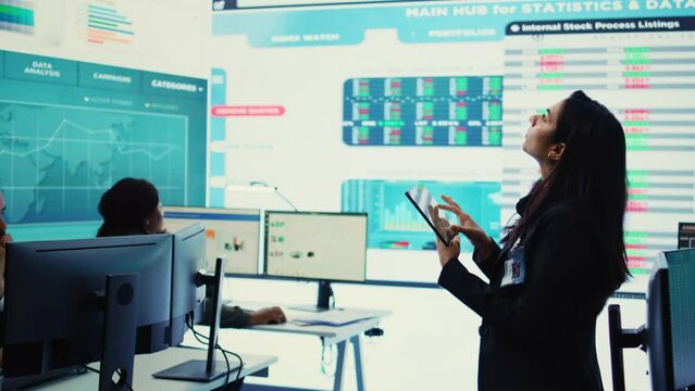 Accounting manager reviewing budget numbers after monthly costs, working on a financial projection to deduct the future enterprise situation. Business analyst does a financial study. Camera B.