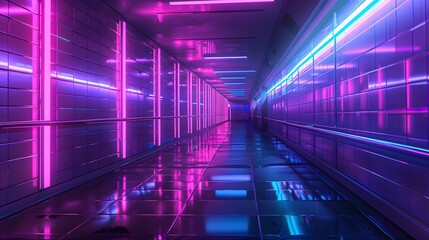 abstract background of futuristic corridor with purple and blue neon lights. 