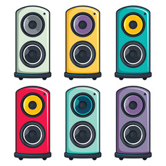 Six colorful standing speakers cartoon style isolated white background. Variety speakers different colors such red, yellow, purple, teal. Home audio equipment, music playback, stylish modern design