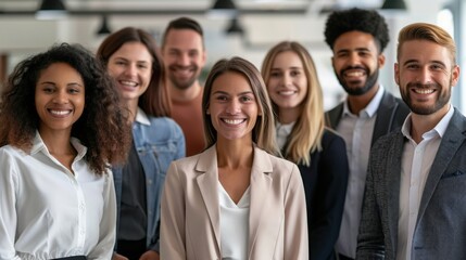 Obraz premium Professional white-collar team smiling confidently in a modern office setting, faces sharply in focus under bright lights, HD close-up of their upper bodies