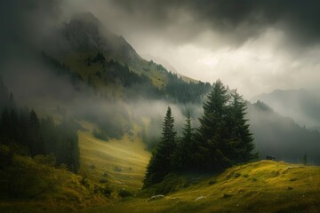 View of beautiful moody landscape in the Alps - generative ai