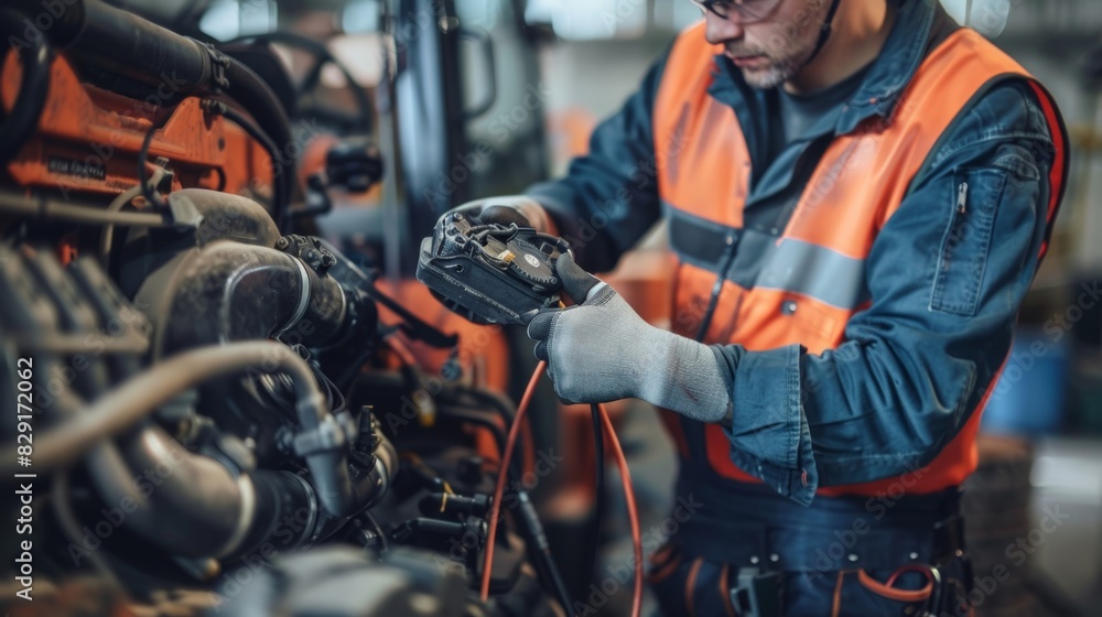 Aufkleber a mechanic using a diagnostic tool to troubleshoot a malfunctioning engine on a skid steer identifyi