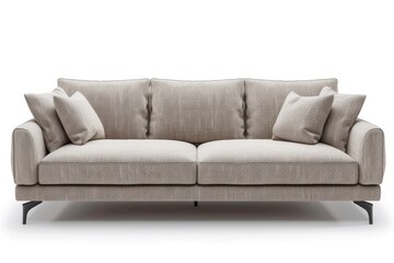 Fototapeta premium 3 seat light beige sofa with pillow on white backdrop viewed from the front