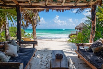 Obraz premium A cabana terrace with a view of Tulum s white sand beach in Yucatan Mexico