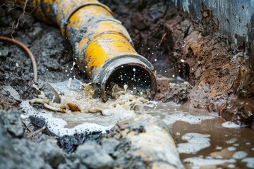 Obraz premium A clogged main sewer line being cleared with a hydro jet after being cut